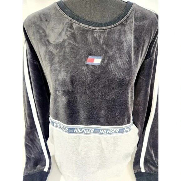 Vintage Tommy Hilfiger Velour Pullover Black & Gray Mens Size Medium - Picture 2 of 7